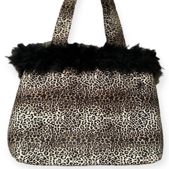 Leopard Print Tote Bag Purse Small Faix Fur Shoulder Bag Feather Fringe - Picture 1 of 8